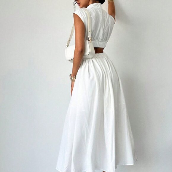 White Elegant Women's Hollow Pocket Cinched Waist Casual Midi Dress - Picture 4 of 7